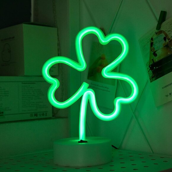 LED Neon Signs Lights Green Clover Shaped Neon Night Light USB & Battery Powered - Picture 9 of 9